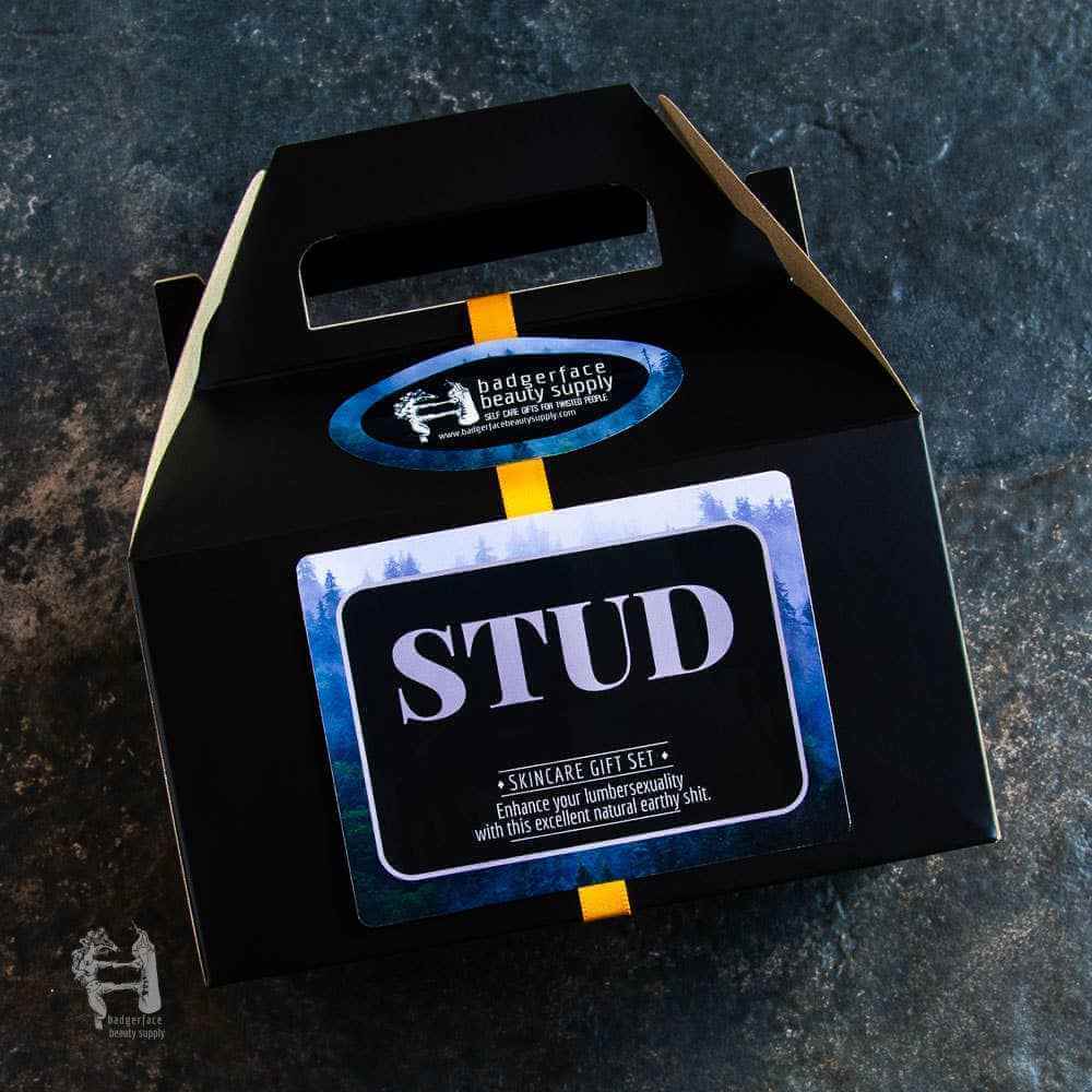 Beard Gift Set - Plasticology packaging labeled 'STUD' by Badgerface Beauty Supply, ideal for skincare and grooming in bath & body gift sets.