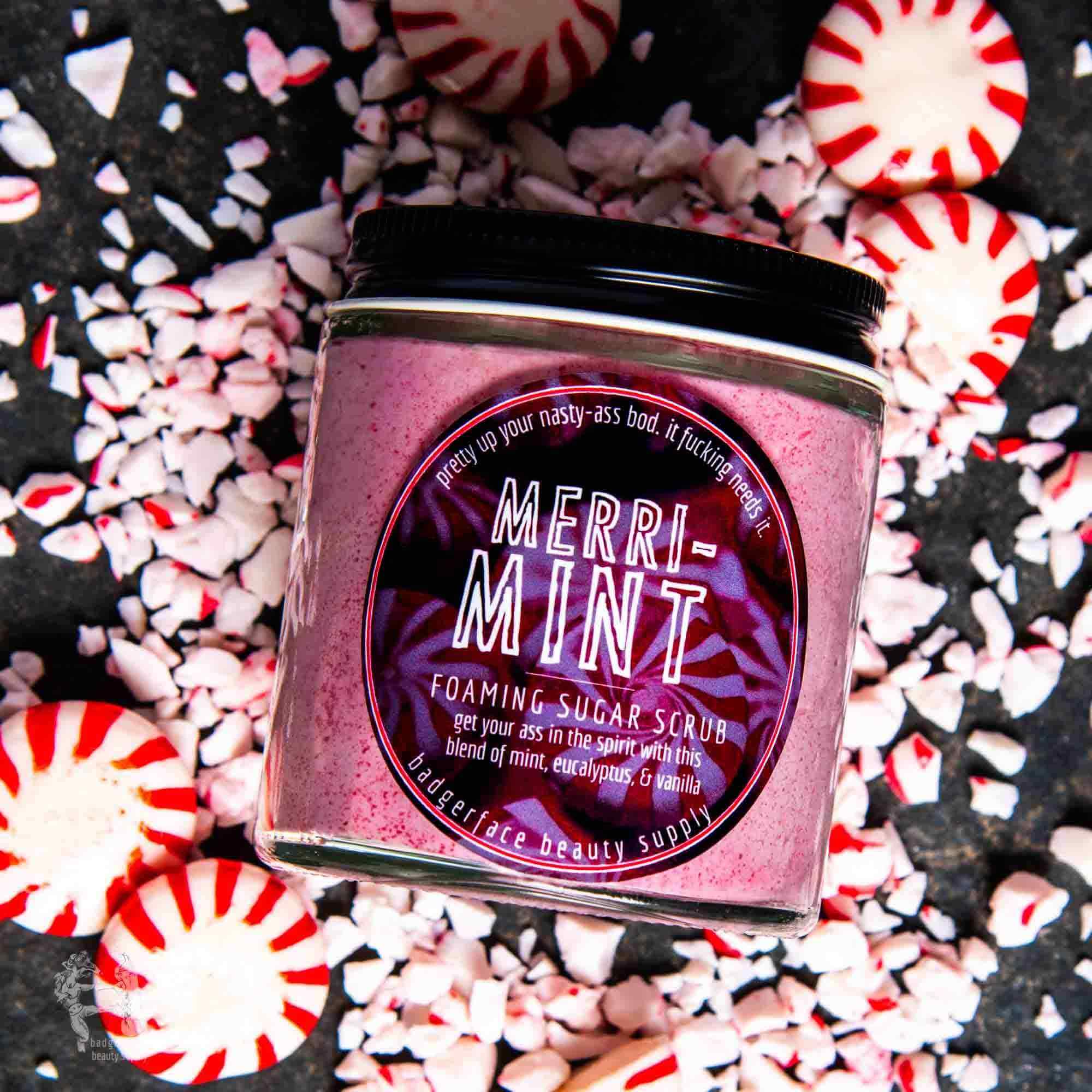 Christmas Gift Box for Women - Plasticology foaming sugar scrub jar labeled 'Merri-Mint' with peppermint candies and crushed mint on dark background