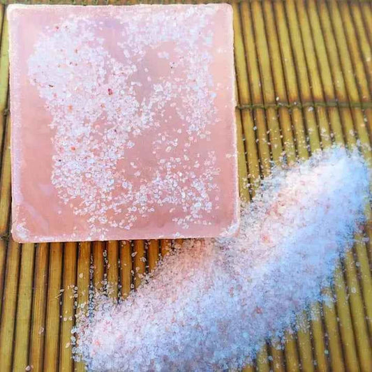 Untamed Natural Soap Bar with pink salt and geranium by Plasticology, pink soap topped with Himalayan salt crystals for acne-prone and scar-healing skincare.