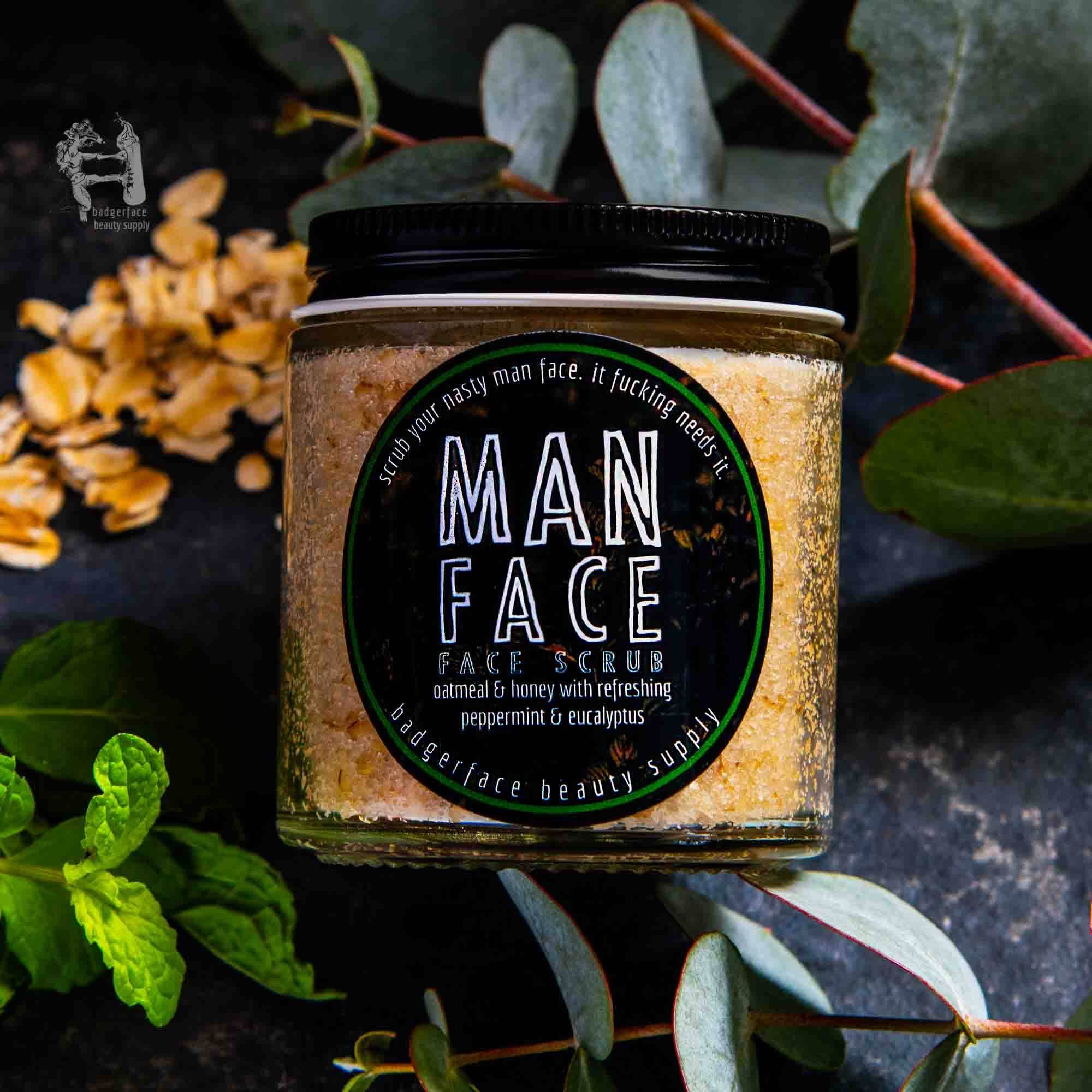 Beard Gift Set - Plasticology face scrub jar labeled 'Man Face' with oatmeal, honey, peppermint, and eucalyptus, ideal for men's skincare routines.