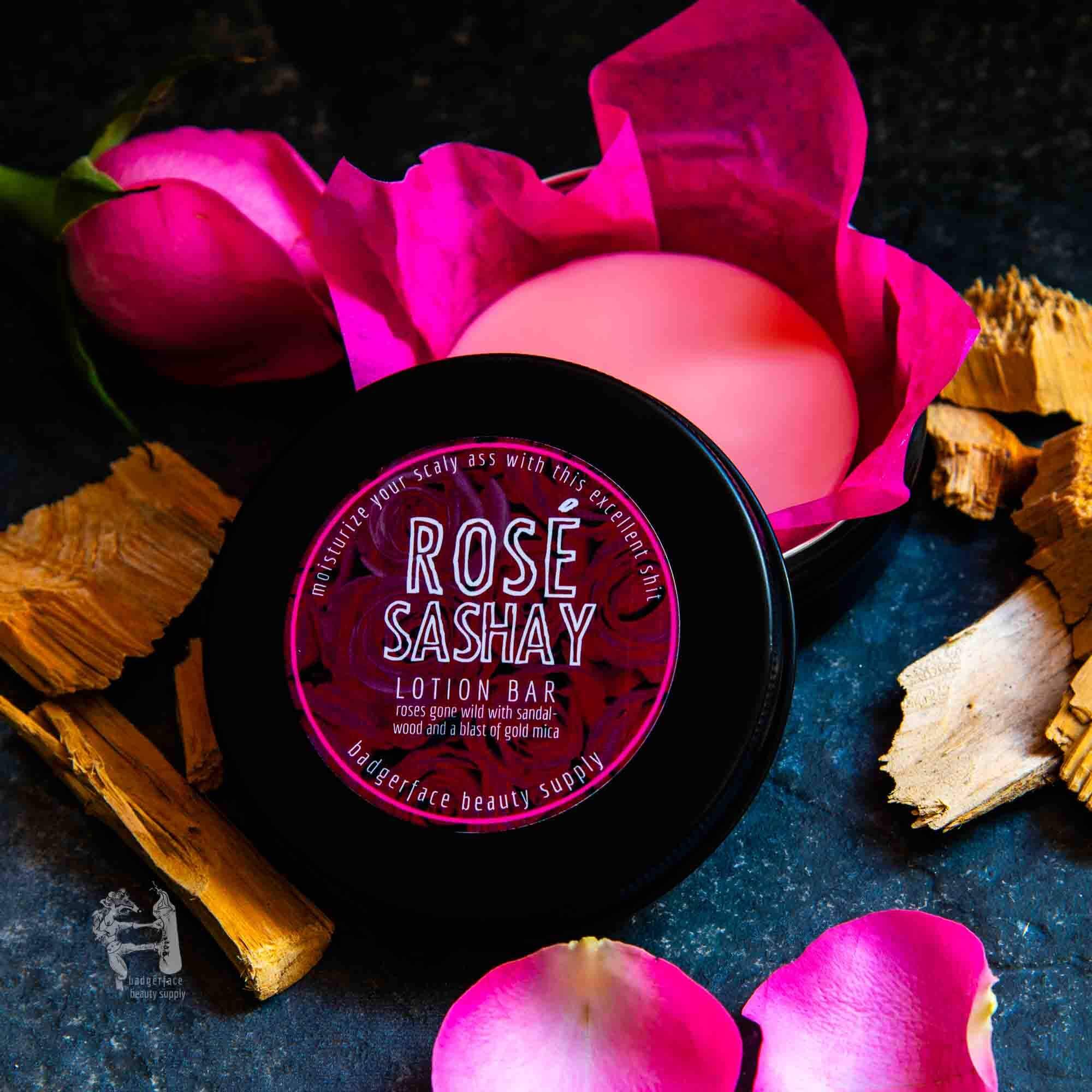 Christmas Gift Box for Women - Plasticology featuring Rosé Sashay lotion bar with rose petals and wood chips, ideal for skincare gifting.