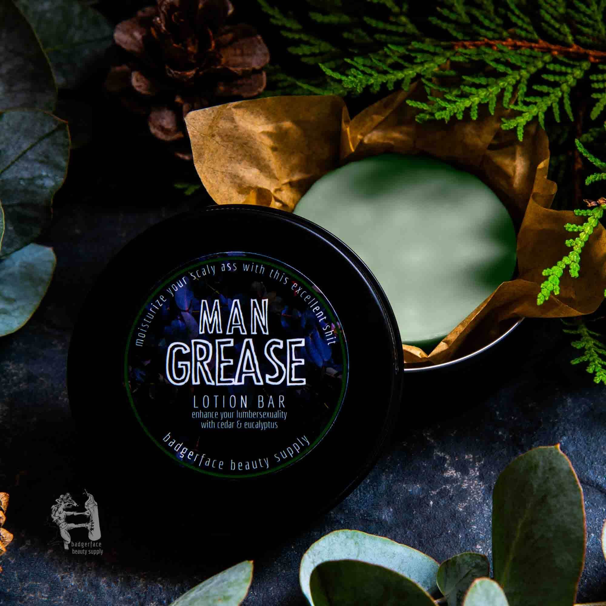 Beard Gift Set - Plasticology featuring Man Grease lotion bar in black tin with green balm, ideal for moisturizing beards with cedar and eucalyptus.
